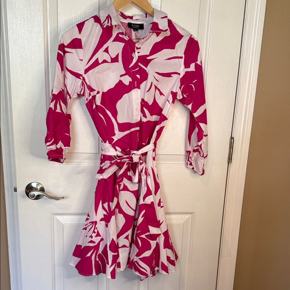 MSK Fuchsia and White Floral Tie-Waist Shirt Dress - Picture 2 of 4